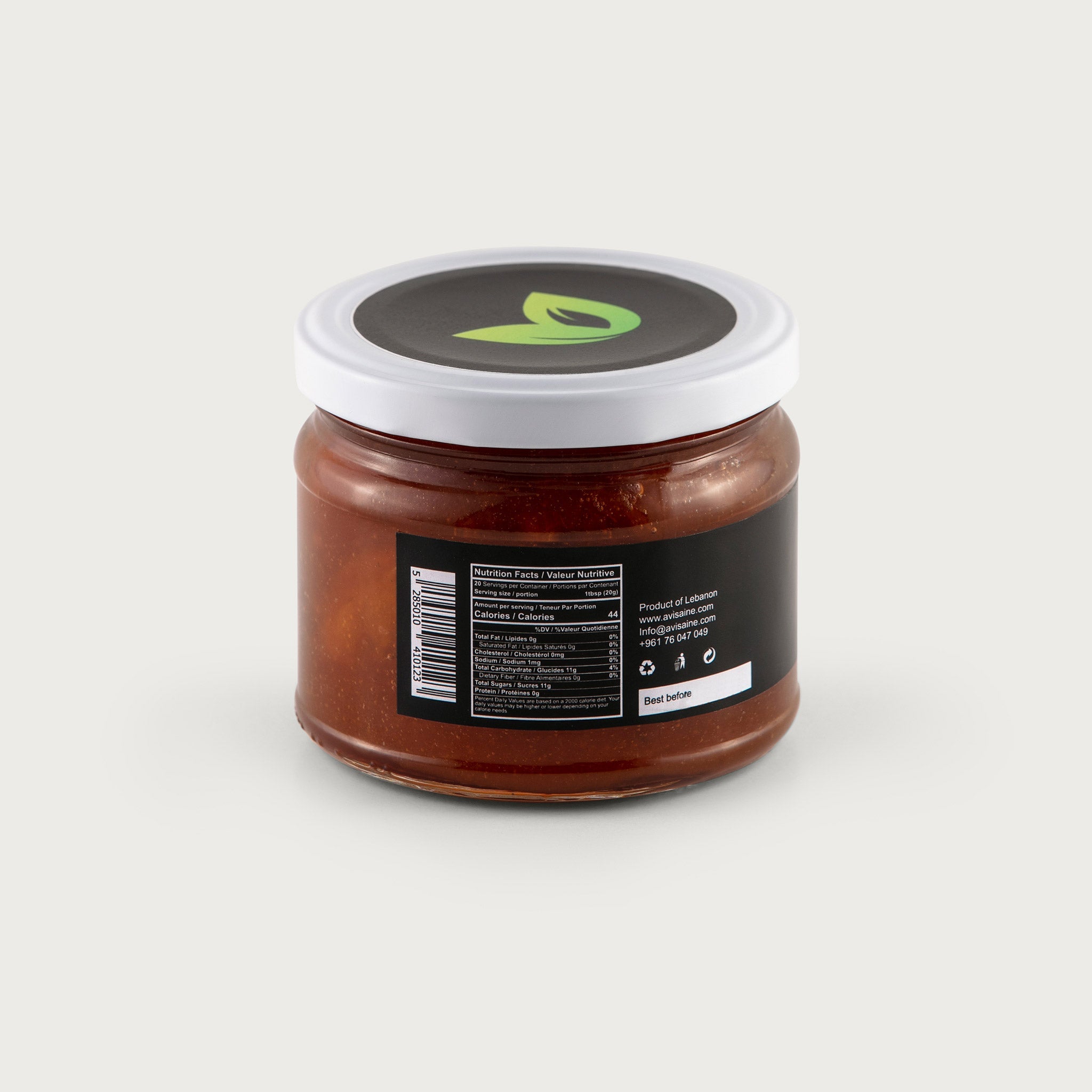 A clear 14 oz. jar shows the rich honey colored Apricot jam with particulates. The label is black and features the AviSaine logo in green.