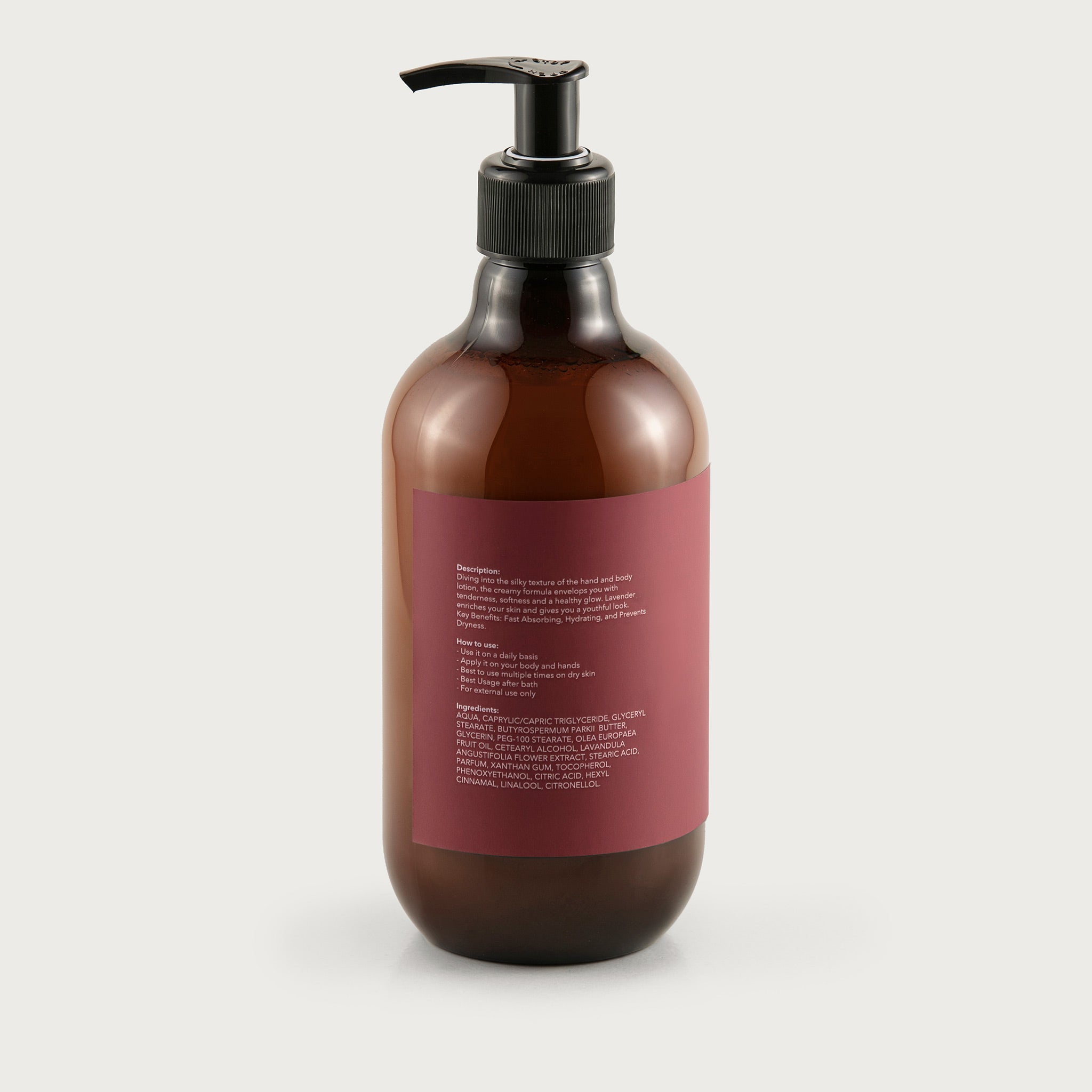 This pump top bottle is amber in color and you can see the creamy lotion inside. The label is a redish maroon color with the white Salma logo and the lavender & olive oil scent is notated.