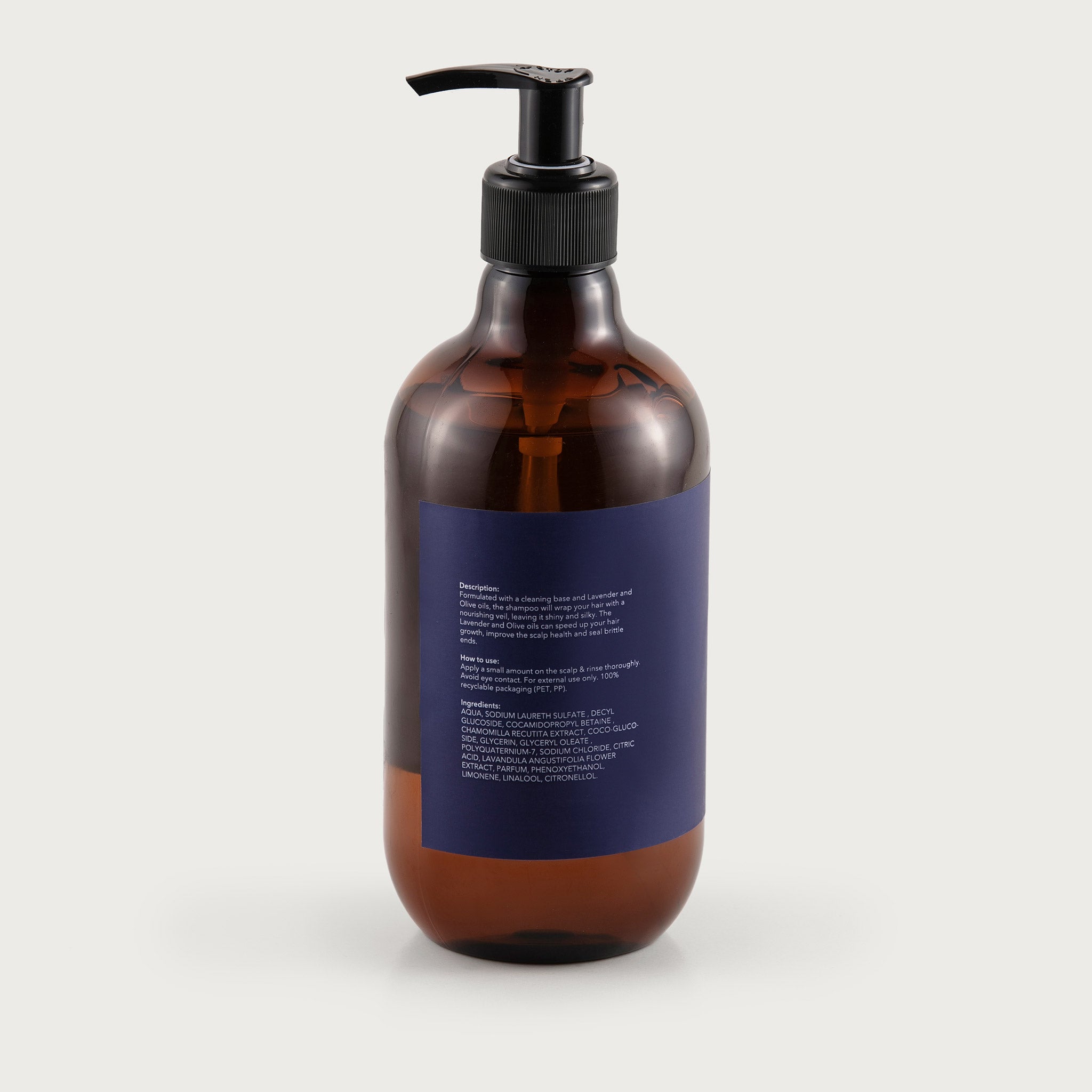 This pump top bottle is amber in color so you can see the clear shampoo inside. The label is deep purple and features the Salma logo and the lavender & olive oil scent notated.