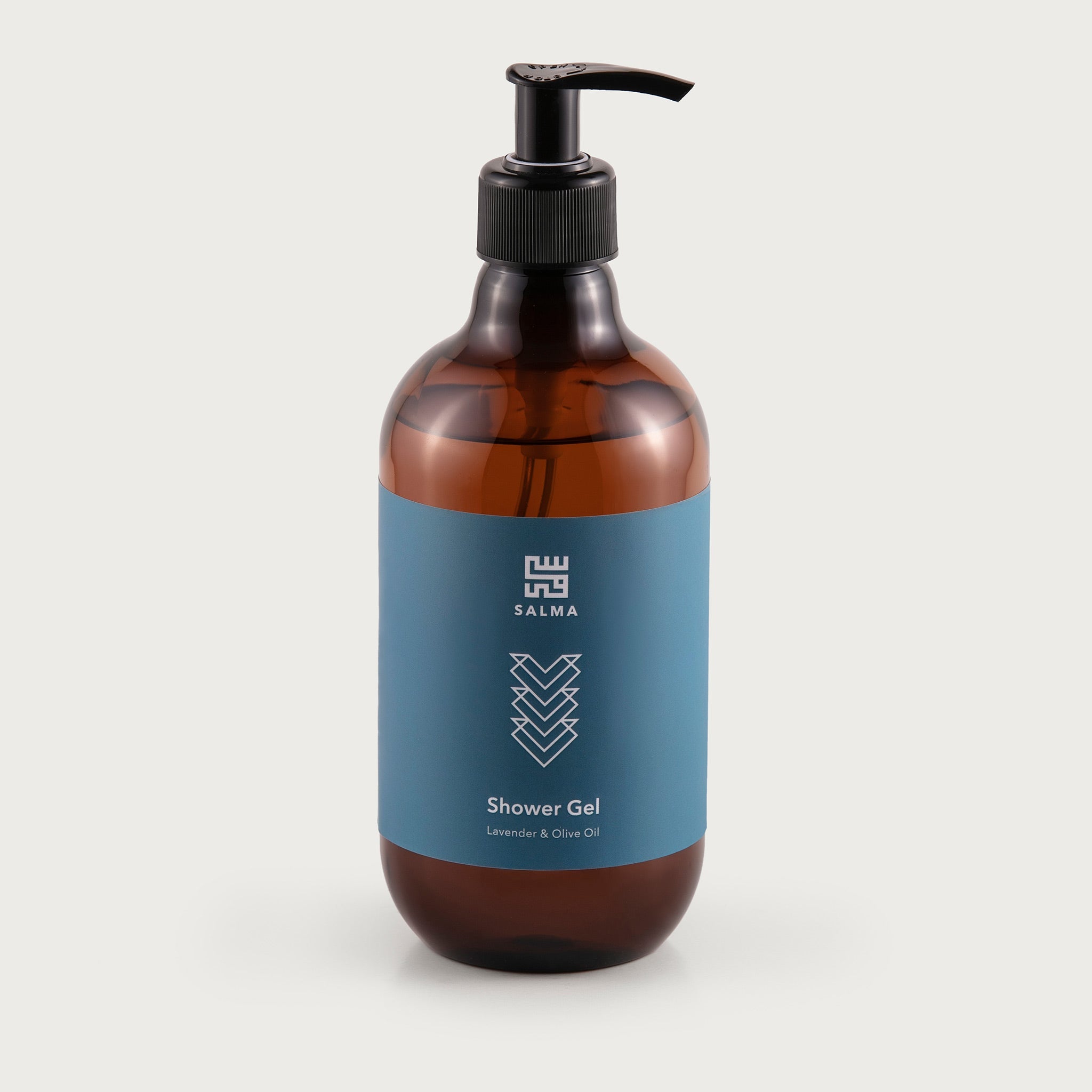 This pump top bottle is amber in color so you can see the shower gel inside. The label is a beautiful blue color with the white Salma logo and the lavender & olive oil scent notated.