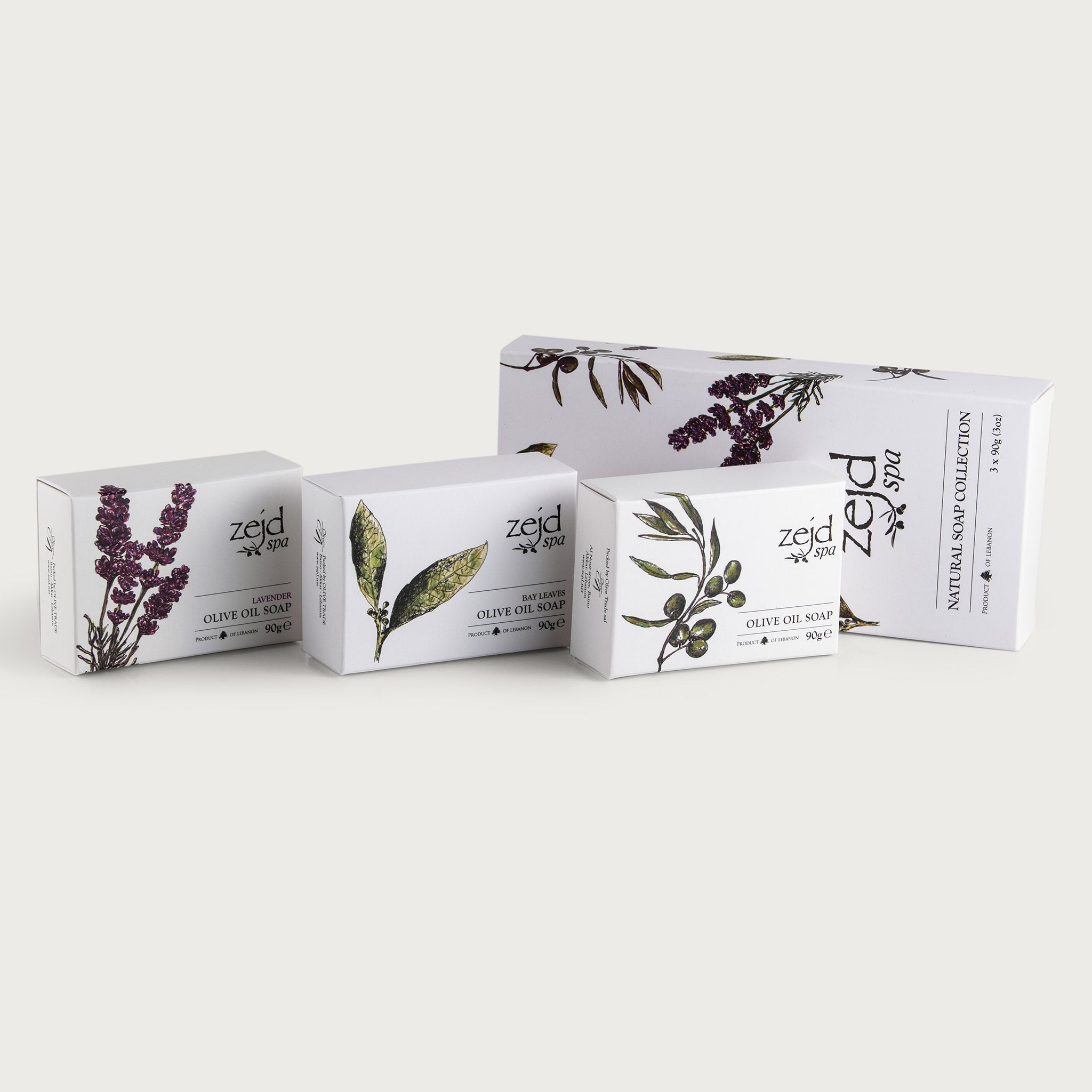This beautifully designed white box houses three individually packaged bars of soap inside. Each package is white in color and features images representing their individual scents: lavender, laurel, and olive oil.