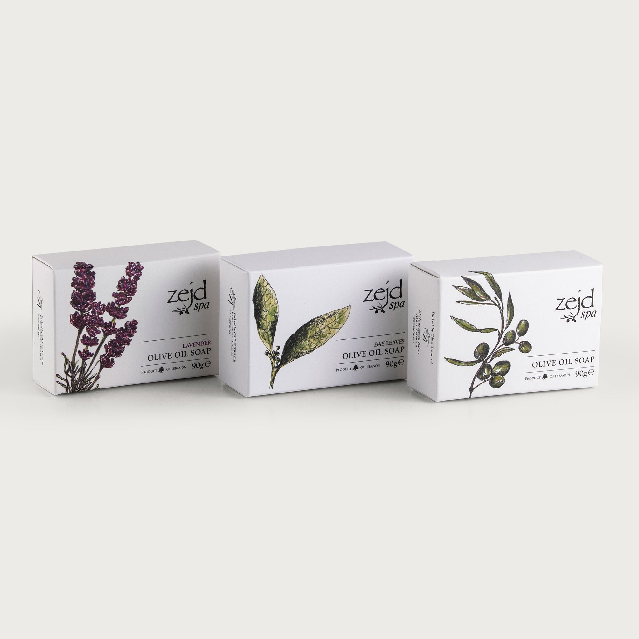 This beautifully designed white box houses three individually packaged bars of soap inside. Each package is white in color and features images representing their individual scents: lavender, laurel, and olive oil.